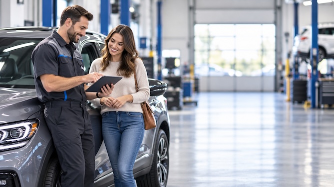 A mechanic with a customer who referred a friend