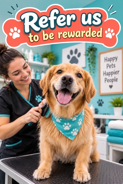 A groomer with a happy client and their dog